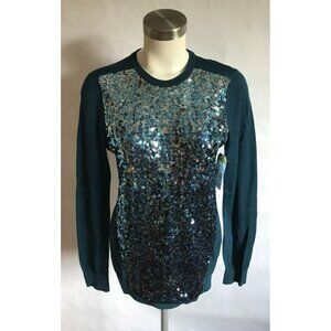 Magaschoni Blue Thin Knit Sweater W/ Full Sequin Panel in Front, Size Medium